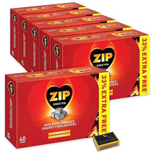 6 X Packs of 40 Zip High Performance Energy Block Firelighters. Long Burning Powerful & Reliable for Open Fires Stoves BBQs & Tigerbox Safety Matches