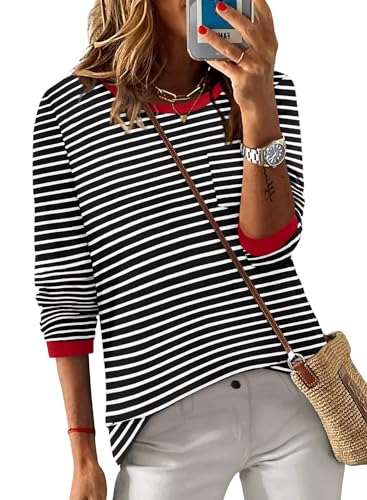 ONLYSHE Women's Casual Striped Long Sleeve Tops Crew Neck Knit Basic Loose Fit T Shirts Fall Fashion Tunic Outfits