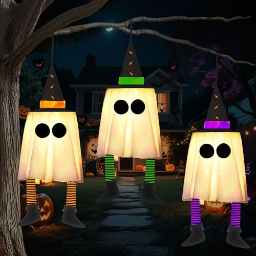 JOYIN 23.6'' 3PCS Halloween Hanging Ghosts Decorations Outdoor, Warm Light