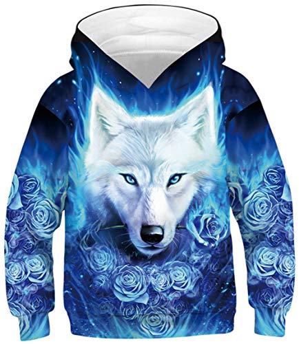 Jungen Kapuzenpullover Digitaldruck Hoodie Langarmshirt Pullover Sweatshirts mit Kapuze (L (Körpergröße: 145-150cm), Blaue Rosen weißer