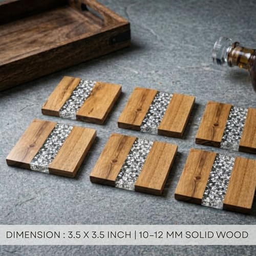 Image of Coaster Set of 4 for Dining Table - Premium Wooden Coasters with Silver Foil Resin Design - Tea, Coffee & Glass Drink Coasters - Luxury Table Coasters for Office Desk, Kitchen & Home Decor