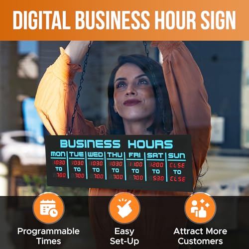 Image of Digital Business Hours Sign by ELEMENT LUX - Electronic Programmable Hours of Operation Signs for Business with Ultra Bright LEDs for Glass Door - Remote and Hanging Kit - 16in x 5.5in, Blue
