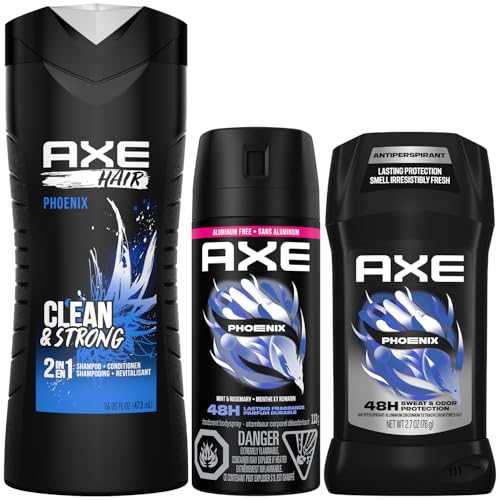 AXE Phoenix Mens Grooming Bundle: 2-in-1 Shampoo & Conditioner Body Spray and Deodorant Stick Crushed Mint & Rosemary Scent
