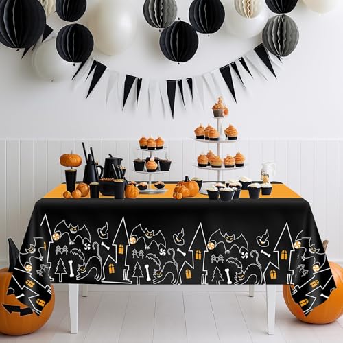Image of Childom 3 Pack Halloween Tablecloths Rectangle Table,Halloween Decorations | 54 inch x 108 inch Disposable Plastic Tablecloths,Plastic Table Cover for Halloween Party Decorations,Halloween Party Supplies Favors