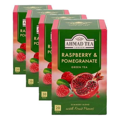 Ahmad Tea Raspberry Pomegranate | Te verde de frambuesa y granada | 20 bolsitas de te | 1 paquete (Paquete de 4)