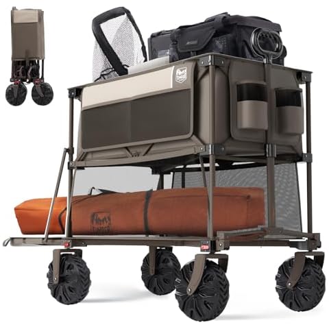 TIMBER RIDGE 400L Large Capacity Folding Double Decker Wagon, 54" Extra Long Extender Wagon Cart, 450lbs Heavy Duty Collapsible Cart, All-Terrain Big Wheels for Camping, Sports, Shopping, Tan Cover