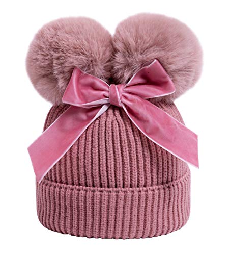 YATEEN Infant Toddler Baby Knitting Woolen Hat Winter Warm Double Pompom Beanie Cap with Bow3