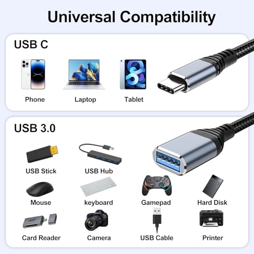 Image of Tobfit USB C to USB Adapter Aluminum OTG Cable Type C Male to USB-A Female 3.0 OTG Adapter, Nylon Braided Fast Charge and Data Transfer Cord for iPhone 16 15 14 13 12 Pro Max Plus,Galaxy S25 S24