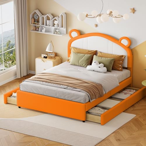 Pawom Cama tapizada de 140 x 200 cm, cabecero con forma de oreja, patchwork bicolor de piel sintética, 4 cajones para almacenamiento, cama juvenil, cama doble, naranja