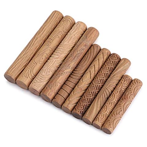 OwnMy Set of 10 Clay Modeling Pattern Rollers Kit, Dragon Phoenix Propitious Clouds 3D Geometry Cookie Radial Rays Prismatic Wood Wave Pattern Clay Rolling Pin Textured Wooden Handle Pottery Tools Set Cover
