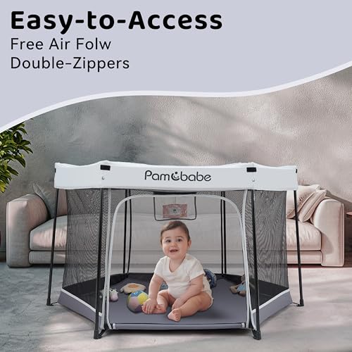 Image of Pamo Babe Baby Playpen with Sun Protection Canopy - Indoor & Outdoor Play Yard for Babies and Toddlers - Baby Tent with Zipper Door