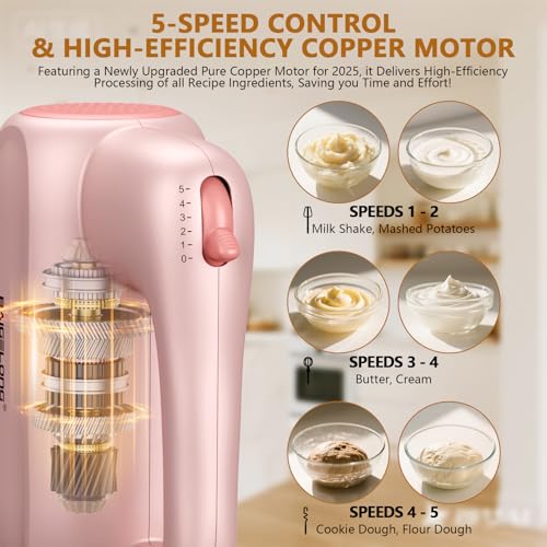 BAIGELONG Hand Electric Mixer, 5-Speed KitchenMixer with 5 * 304 Stainless Steel Attachments + Storage Base, 200W Portable Food Handheld Mixer for Baking, Whipping Cream, Cake Mixing, Pink - Thumbnail 3