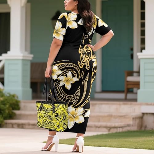 Image of Puletasi Samoan Traditional 2 Piece Outfits for Women Short Sleeve Crop Top and Maxi Skirt Sets Puletasi Dress