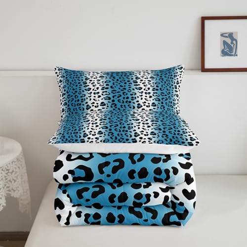 Image of Feelyou Leopard Print Comforter Africa Cheetah Print Bedding Set Safari Animal Skins Comforter Set for Kids Adults Luxury Blue Black White Duvet Set Soft Room Decor Full Size Quilt Boys