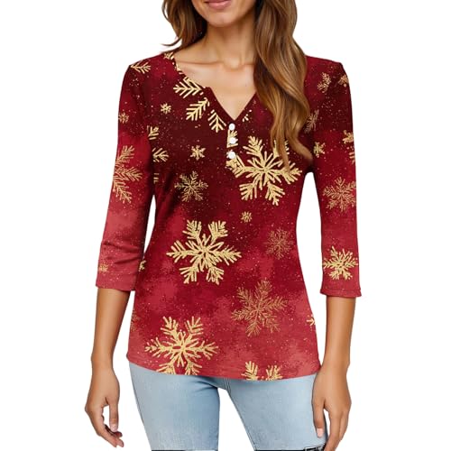Image of Women Christmas Shirt 3 /4 Length Sleeve Henley Tops Xmas Outfits