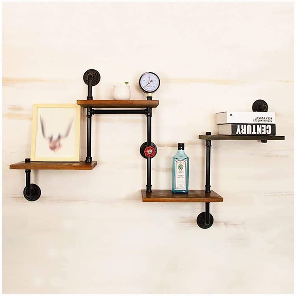 Wandregal Holz und Metall Vintage Wandboards Würfelregal Holzregal Design als Bücherregal für Bar/Laden/Wohnzimmer Industrie Dekoration, 4-Tier