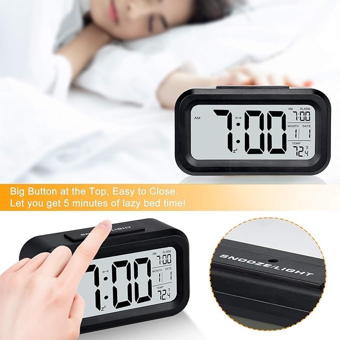 Image of Digital Alarm Clock with Auto Sensor LED Display with Date & Temperature Compact Bedside Table Clock for Bedroom, Students, Office & Home Decor (Black)