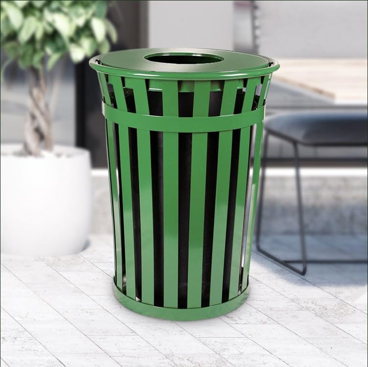 Oakmont Round 36 Gallon Commercial Trash Can | Steel Outdoor Industrial Trash Can with Flat Top | Great for Outdoor Public Spaces - Green