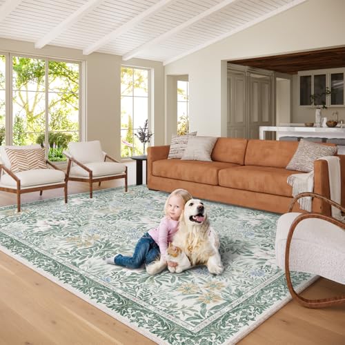 Image of Botanical Floral Area Rug 8x10 Light Green Cream Vintage Garden Design, Perfect for Living Room, Bedroom, Kids Room, Nursery - Stain & Water Resistant Non-Slip, Pet & Child Friendly Area Rugs