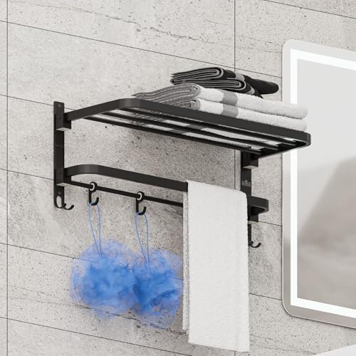 Image of Towel Rack for Bathroom, Shelf for Wall with Towel Hooks, Towel Rack, Kitchen Accessories Items Wall Mounted for Heavy-Duty Elegance (Black, 18 Inch)
