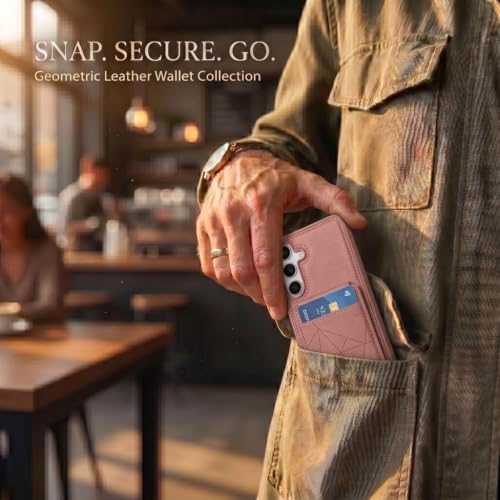 Image of amazon basics Premium Vegan Leather Back Cover with Card Holder and Integrated Mobile Stand for Samsung Galaxy S25FE 5G - Slim Shockproof Wallet Case with Geometric Stitching [Pink]