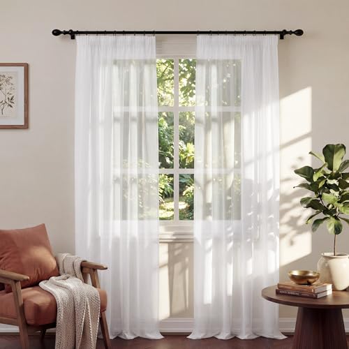 PONY DANCE White Net Curtains for Windows - White Voile Curtains 90 Drop Pair Pencil Pleat Semi Transparent Sheer Panels for Bedroom Triple Drawstring for Easy Hanging Set of 2