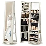 SONGMICS 360° Swivel Jewelry Cabinet, Lockable Jewelry Organizer with Full-Length Mirror, Rear Storage Shelves, Interior Mirror, Jewelry Armoire, Gift Idea, White with Gray Wood Grain UJJC006W01