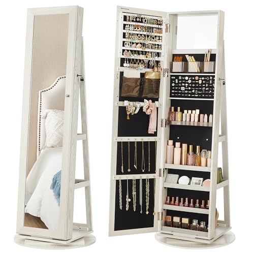 SONGMICS 360° Swivel Jewelry Cabinet, Lockable Jewelry Organizer with Full-Length Mirror, Rear Storage Shelves, Interior Mirror, Jewelry Armoire, Gift Idea, White with Gray Wood Grain UJJC00
