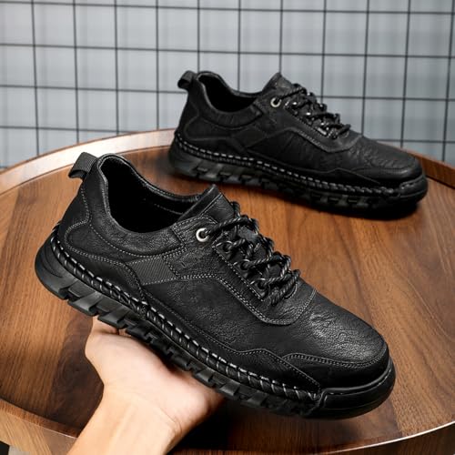 Men's Genuine Leather Lace Up Casual Loafers Handmade Stitching Round Toe Soft Sole Outdoor Fashion Sneakers Comfortable Lightweight Dress Walking Shoes for Driving Business Working3