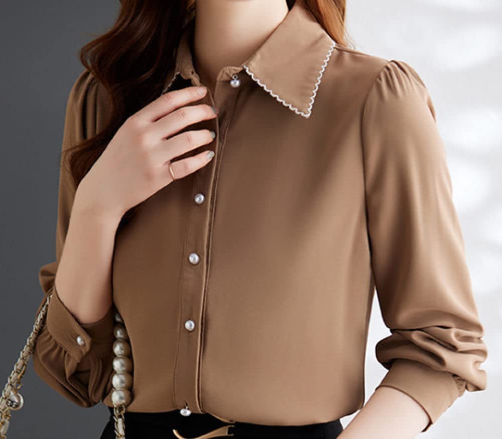 Camisa Informal De Manga Larga,Elegante Elegante De Las Mujeres Solapa Tops Sólidos Camisa Túnica De Satén Marrón Camisa De Manga Larga Blusa De Gasa Camisa Casual Blusa De Negocios De Oficina Para