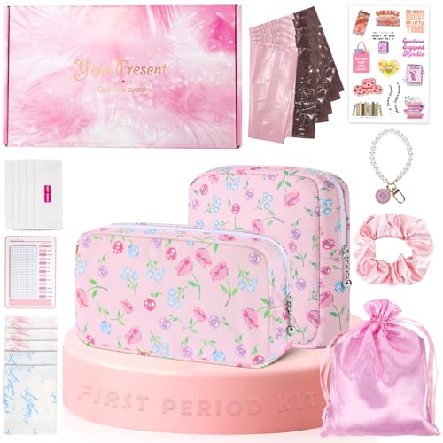 Image of 22 PCS First Period Starter Kit Gift for Teen Girls Period Bags for Teen Tweens Girls with Sanitary Pad Storage Bag, Wipes, Menstrual Tracker, Disposal Pouches and More (Pink Floral)