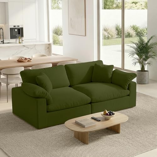 Image of Modular Sectional Sofa Cloud Couch,78.6 inch Down Filled Comfy Cloud Modern Sofa,2 Seater with Green Linen Couch Cushion Covers Removable Furniture for Living Room