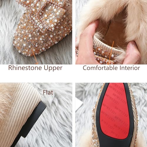 Women's Rhinestones Fuzzy House Slippers Sparkly Bow Fur Lining Warm Slip-on Loafer Pearl Square Toe House Bedroom Slides Slippers3