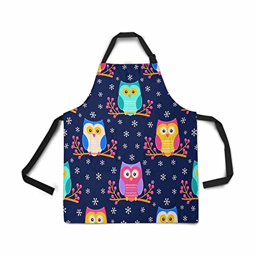 InterestPrint Adjustable Bib Apron for Women Men Girls Chef with Pockets, Cute Flat Owls Branch Berry Dark Blue Novelty Kitchen Apron for Cooking Baking Gardening Pet Grooming Cleaning