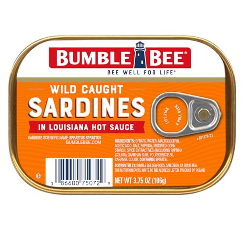 Bumble Bee Sardines in Louisiana Hot Sauce, 3.75 oz Tin - Wild Caught, Gluten Free, Keto, Kosher
