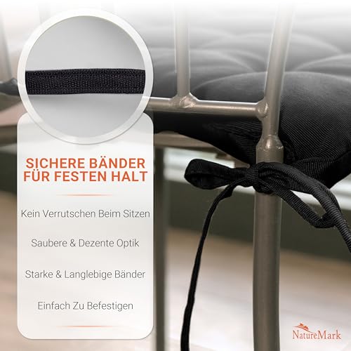 NatureMark 4er Set Stuhlkissen mit Bändern 40x40 cm – Gefüllte Sitzkissen, Outdoor & Indoor – Schwarz – Ansicht 6