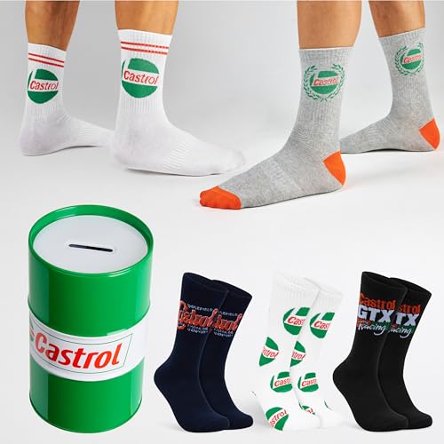 Image of Get Trend Castrol Socks for Men, Teens, 5 Pairs of Soft, Breathable, Crew Socks in Collectible Tin, Gift Set for Motorsport Fans, Gifts for Men