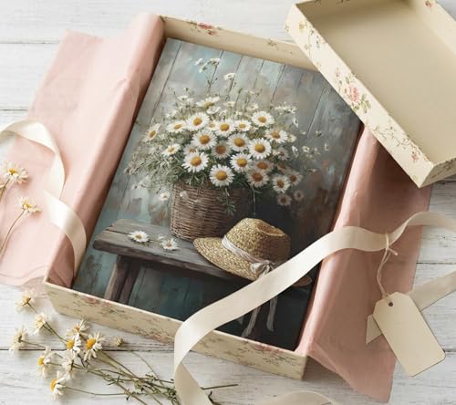 Image of WBNJXNZ Rustic Farmhouse Daisy Floral Canvas Wall Art Vintage Country Floral Wall Decor Flower Still Life Botanical Straw Hat Prints Artwork For Living Room Bedroom Bathroom Home Decoration