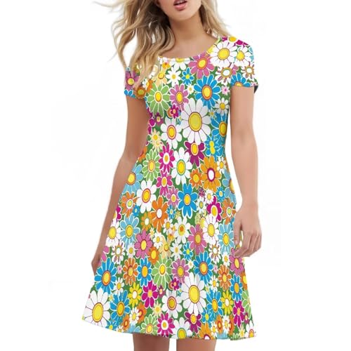 Image of HUGS IDEA Womens Puffy Swing Midi Dress Round Neck Short Sleeve Party A-Line Dresses
