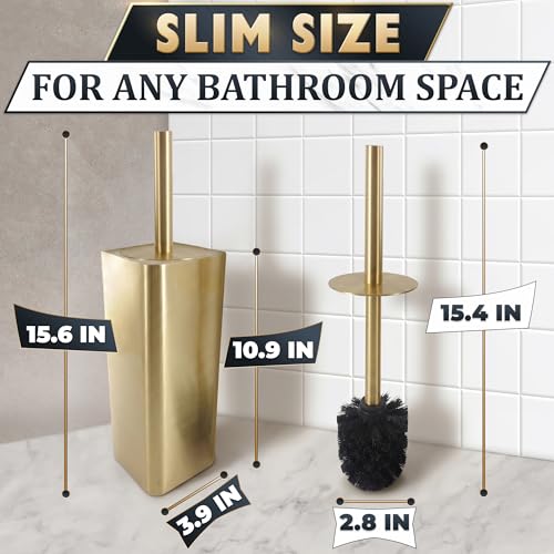 Image of Gold Toilet Brush and Holder Set - Instantly Elevate Your Bathroom Style - Stainless Steel Toilet Bowl Brush and Holder with 2 Rounded Corners, Replaceable Head, Removable Inner Bowl & Splash Guard