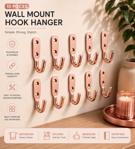 Image of iSTAR Stainless Steel Unbreakable J Type Hook Bathroom Hooks Cloth Hanger Wall Hook Door Robe Hooks for Hanging Keys,Clothes (Rose Gold-Pack of 10)