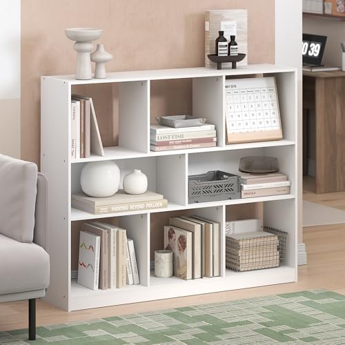 Image of Furinno DALY Book Shelf, 8-Cube Bookshelf, Horizontal Cube Storage Organizer Bookcase, 10.9 x 47.2 x 39.4, for Living Room, Bedroom, Home Office, White