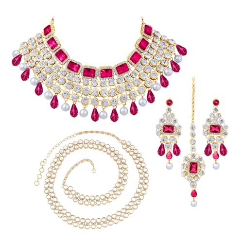 Image of Peora Crystal Choker Necklace with Maang Tikka Earrings Indian Traditional Bridal Wedding Jewellery Set for Women