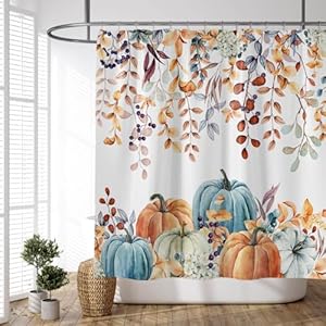 YUYASM Fall Leaf Pumpkin Shower Curtain Autumn Thanksgiving Watercolor Pumpkins Eucalyptus Leaves Floral Blue Orange Decor Fabric Bath Curtains for Bathroom