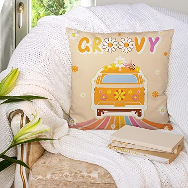 Whaline Groovy Hippie Boho Pillow Covers 18 x 18 Inch Retro Groovy Throw Pillow Cover Set of 4 Colorful Boho Daisy Flowers Linen Cushion Cover for Birthday Holiday Home Couch Sofa Decoration