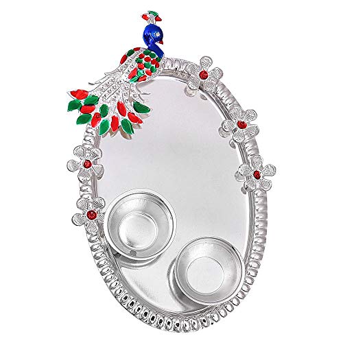 Image of German Silver Choran Roli, Chawal-Akshat-haldi-Sindoor-Kumkum Plate for Gift | Pooja