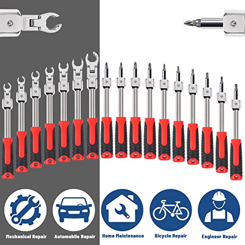 Lrvezsy 17-Piece Flare Nut Crows Foot Flare Nut Wrench Set,Line Metric And Standard Sets,Flare Jumbo Thin Crowfoot Open End Angle Stubby Saesmall Brake Line Wrench Set Flex Head[10-19 ] Cr-V Steel #TOP4