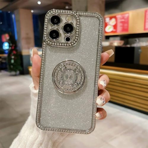 Coque iPhone 14 Pro paillettes argent au design luxe diamant avec bague support
