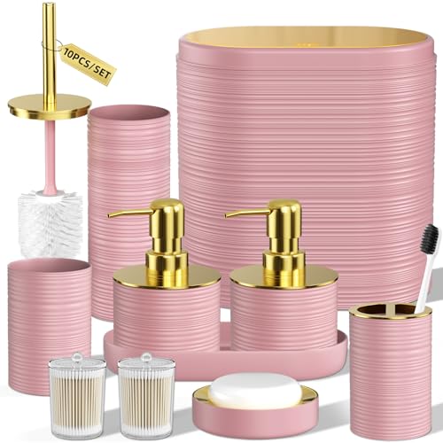 InnJoey Bathroom Set 10PC Bathroom Accessory Set Pink Bathroom Accessories Pink and Gold Bathroom Set with Trash Can Soap Dispensers