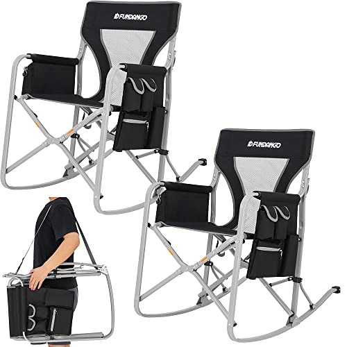 FUNDANGO 2er-Pack übergroßer Schaukelstuhl mit Kühltasche Klappbarer Outdoor-Kippstuhl mit Seitentasche für Reisen, Picknick, Terrasse, Angeln, Aluminium, Schwarz, 2 Stück, Supports 300 lbs Cover